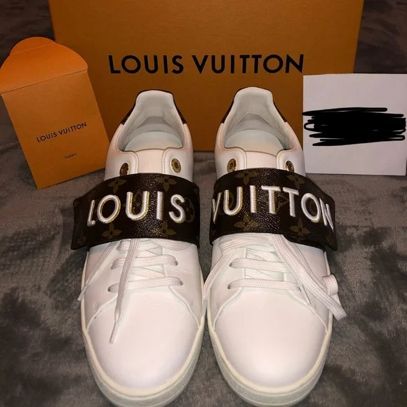 Louis Vuitton White Leather Frontrow Sneakers Canvas Monogram Womens Size 39